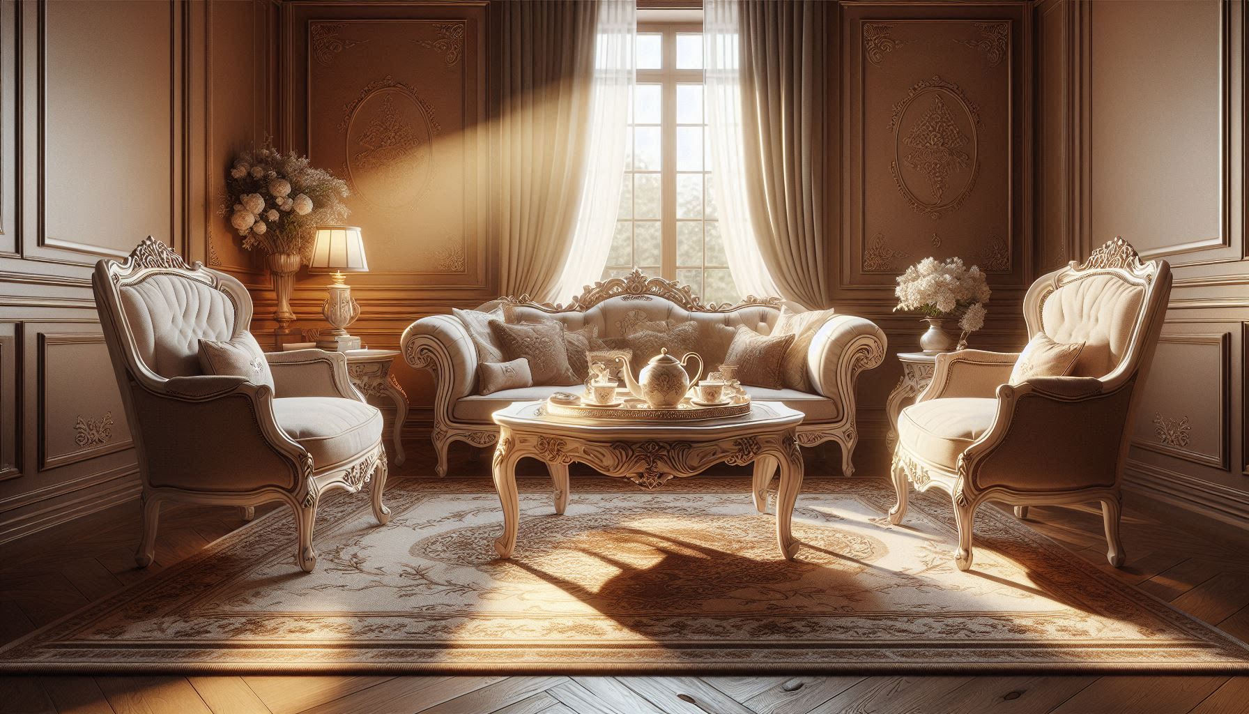 Elegant front room with vintage furniture and warm lighting