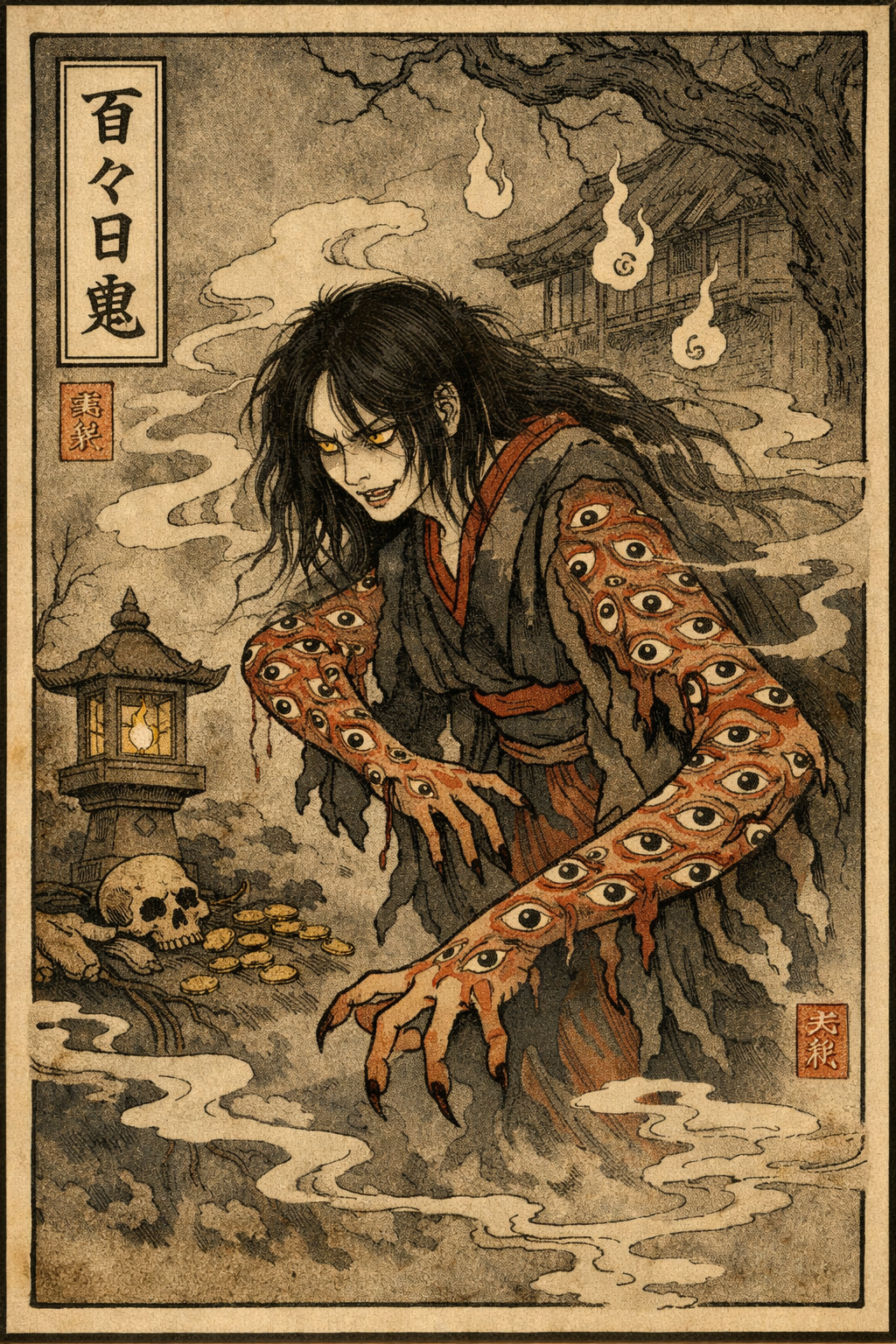 Illustration of the Dodomeki with many eyes on her arms