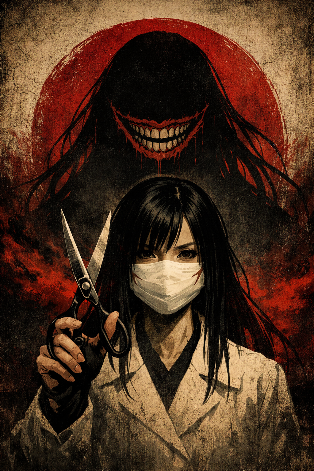 Illustration of the Kuchisake-onna with mask